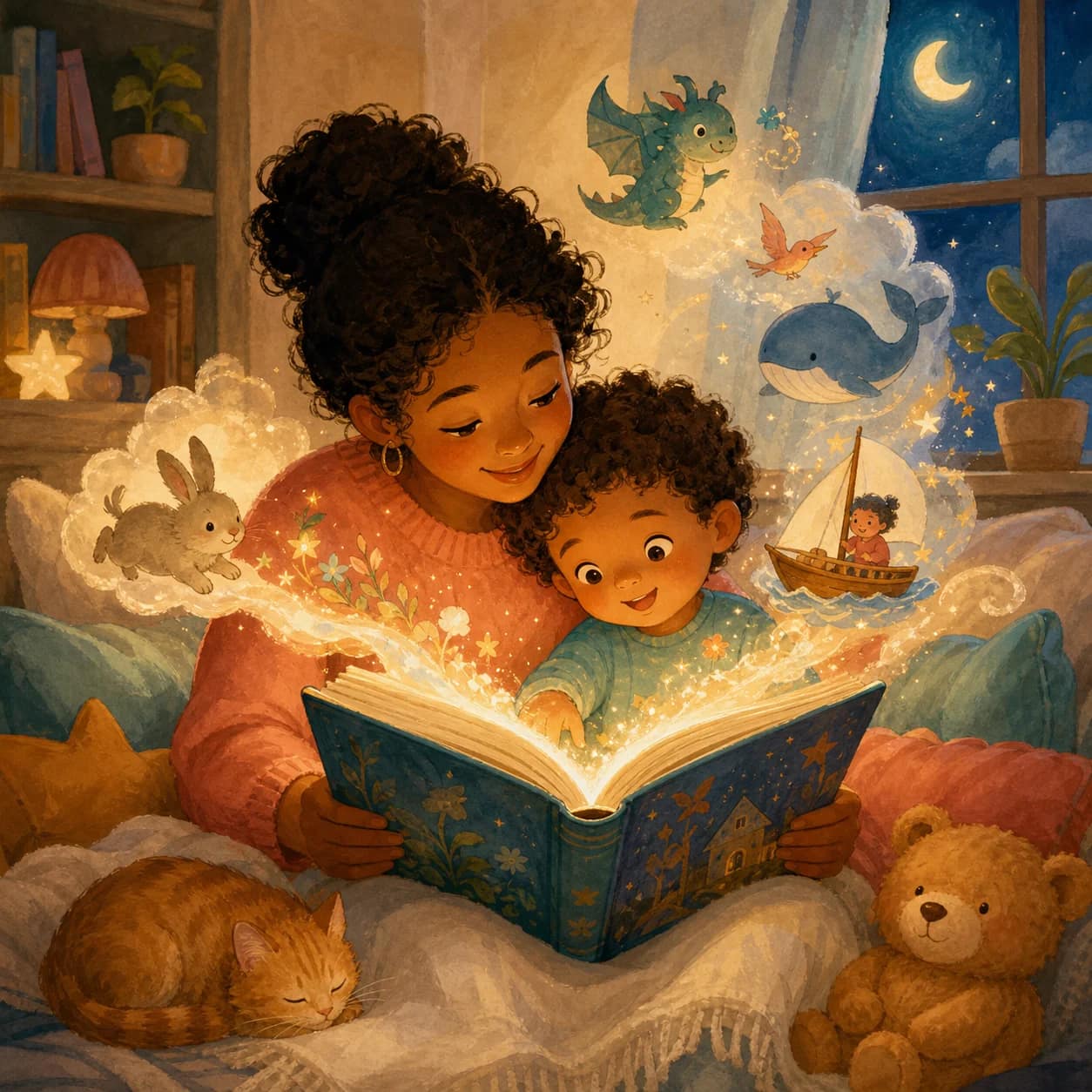 A child and a moon rabbit begin a gentle picture story.