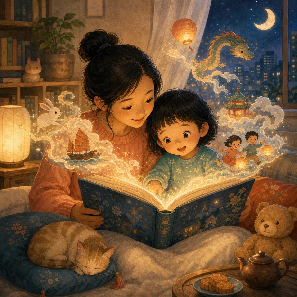 孩子和家人翻开一本会发光的中文小绘本。