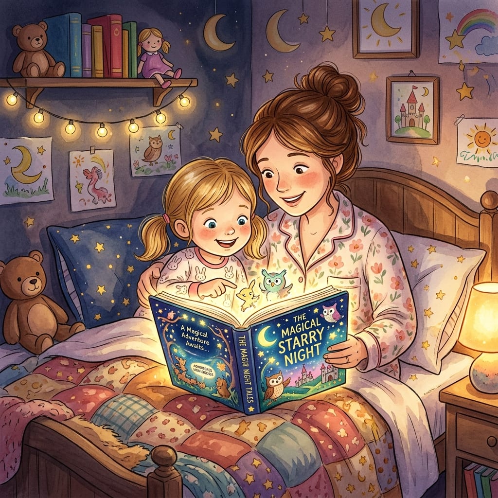 A mother and daughter reading a cozy bedside AI storybook together