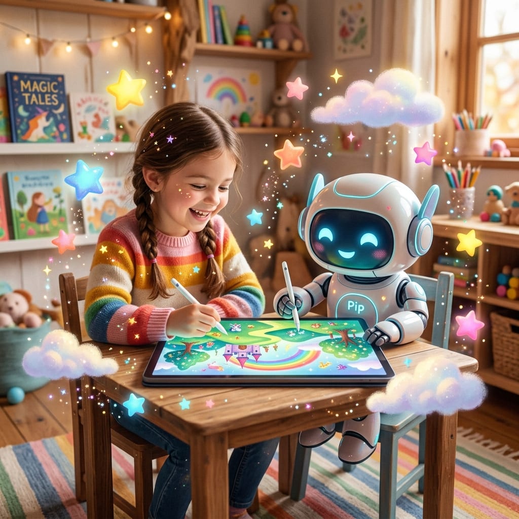 A child and a friendly robot creating drawing scenes on a tablet together