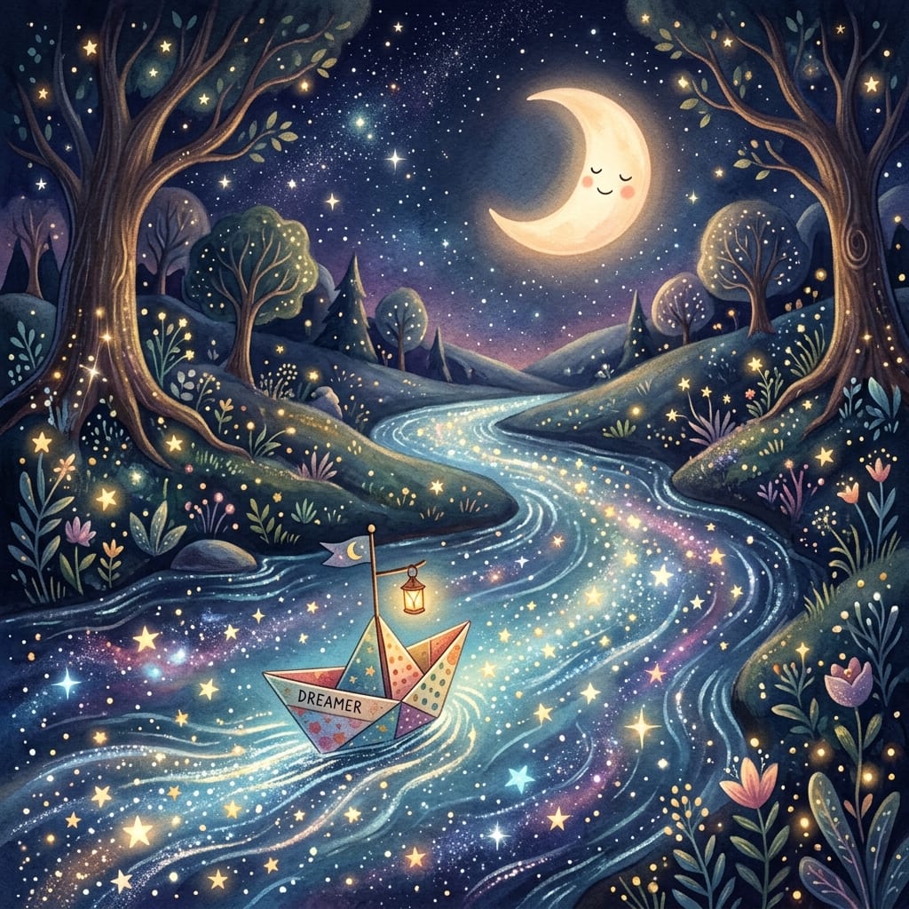A whimsical paper boat floating along a river of stars under a crescent moon