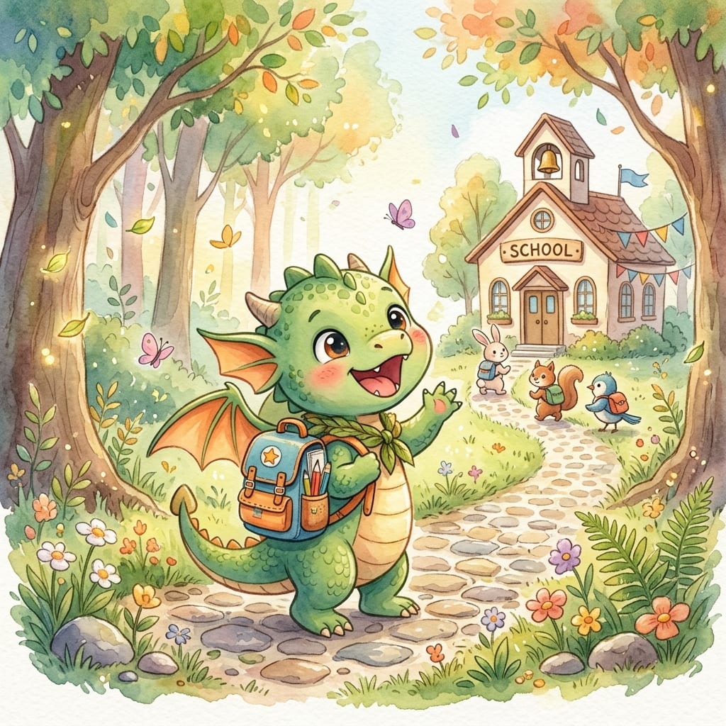 A friendly baby dragon with a backpack walking to a forest school house