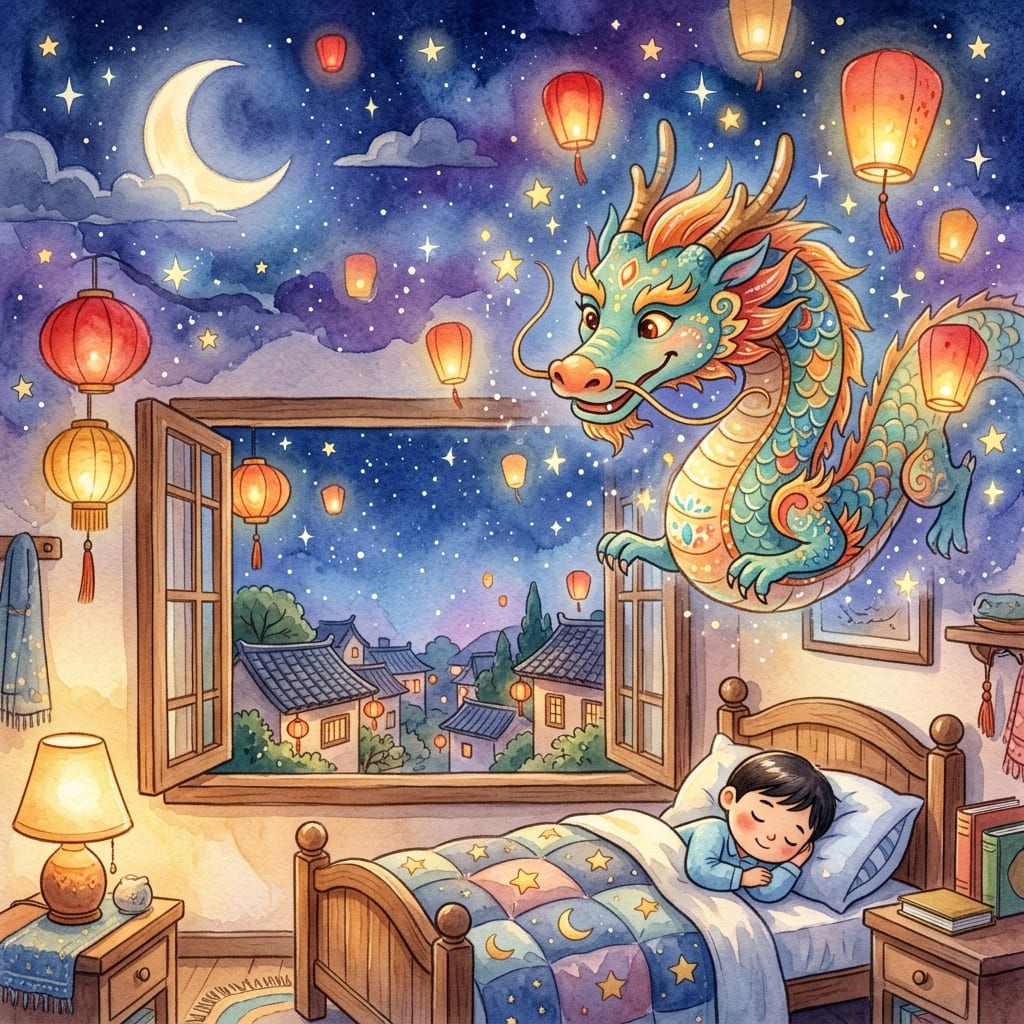 一只温和的中国龙在挂满灯笼和繁星的夜空里看着安静入睡的孩子