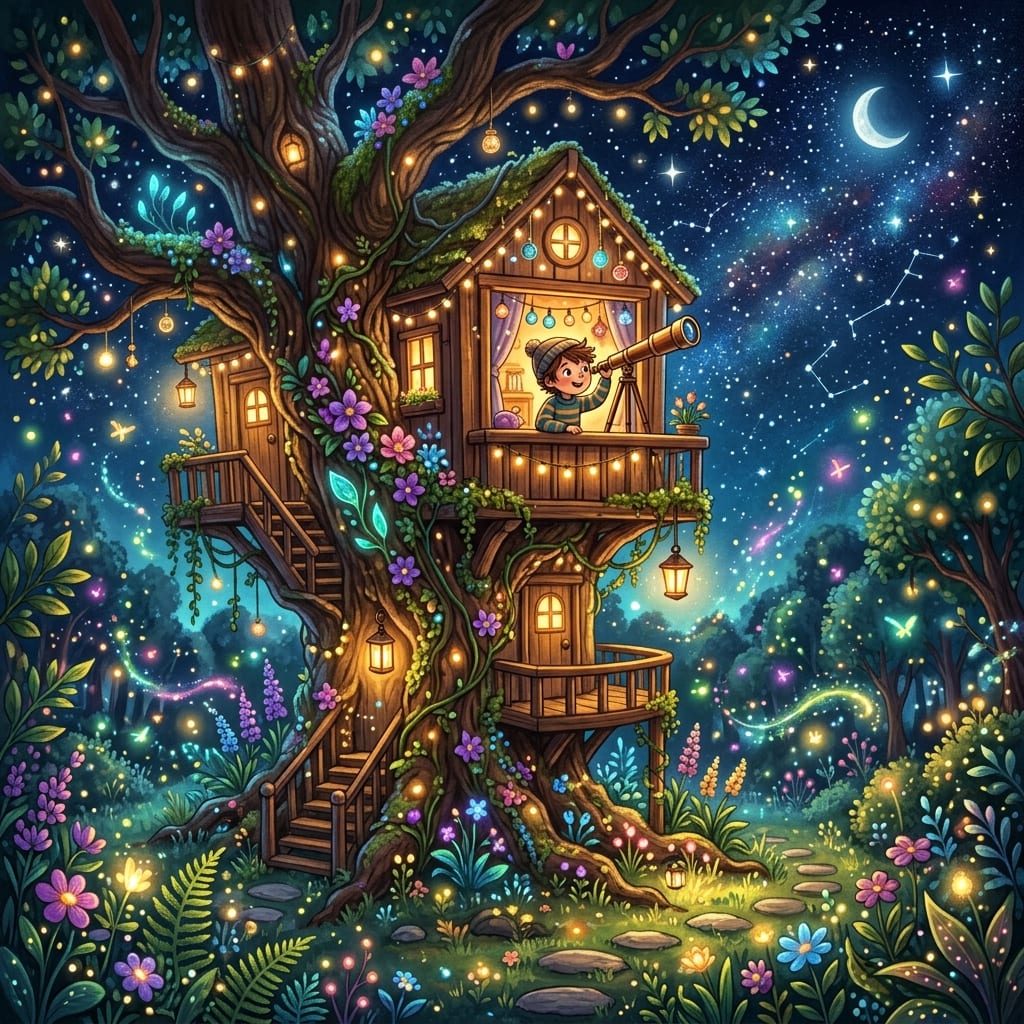 Una casa de árbol mágica rodeada de luciérnagas y flores brillantes con un niño mirando por un telescopio