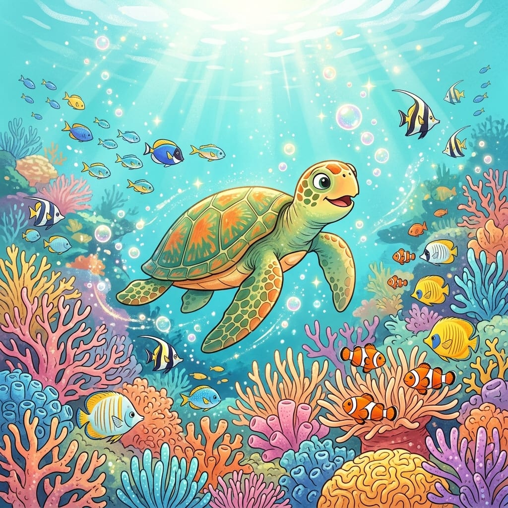 Una tortuga marina amigable nadando en un arrecife de coral colorido con peces y burbujas