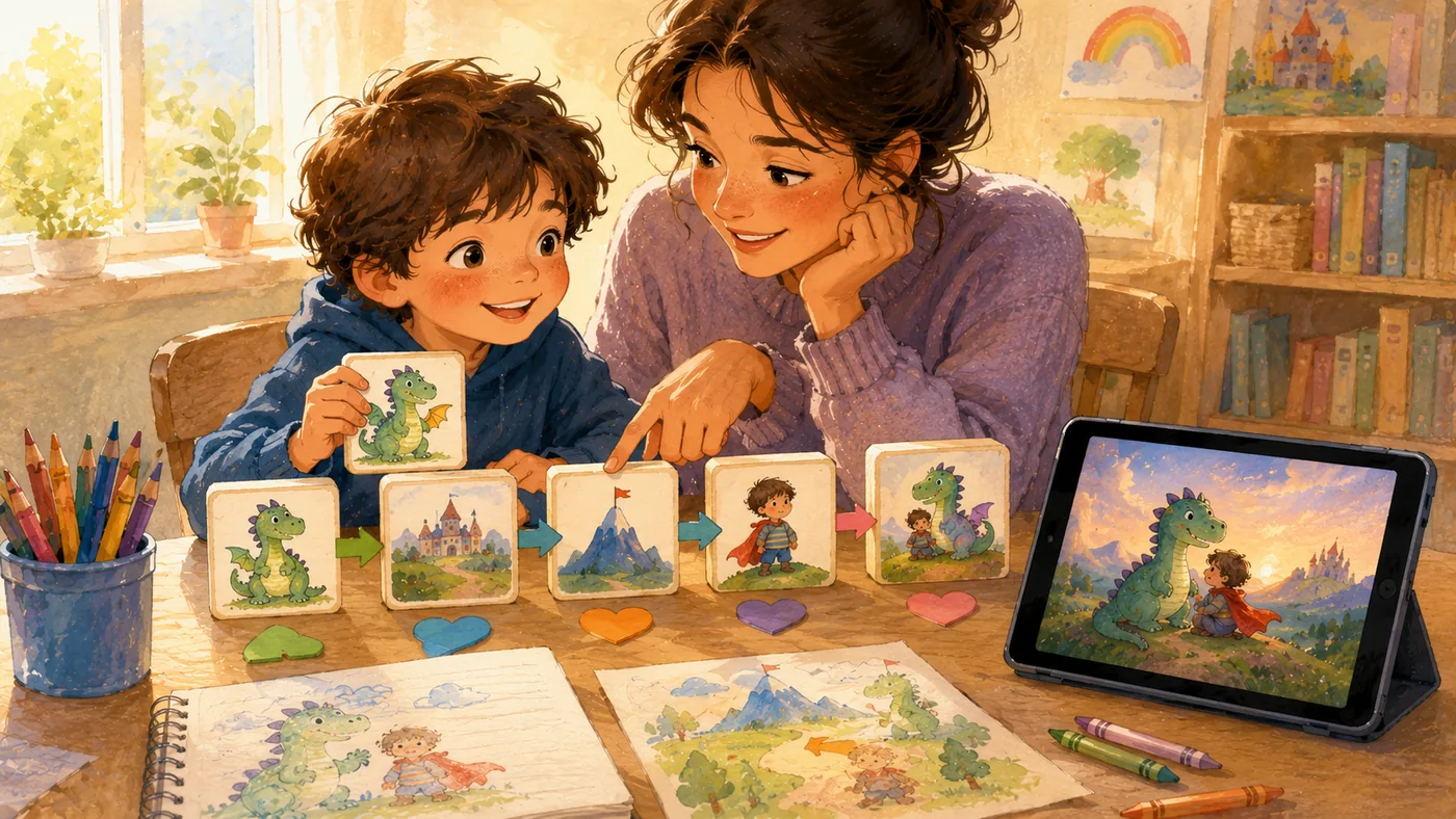 A parent and child building a story prompt from picture blocks