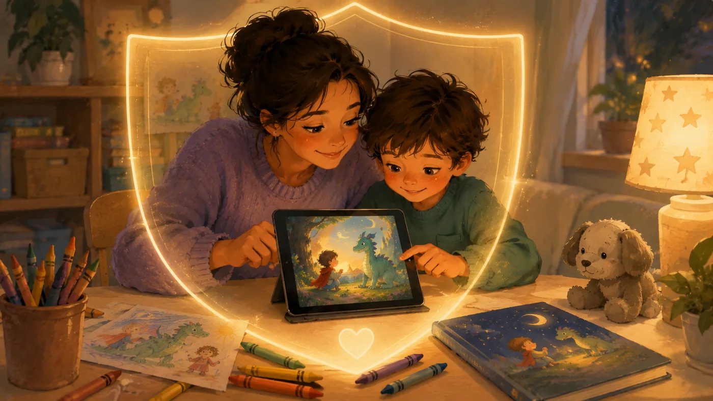 A parent and child starting a safe private story draft on a tablet