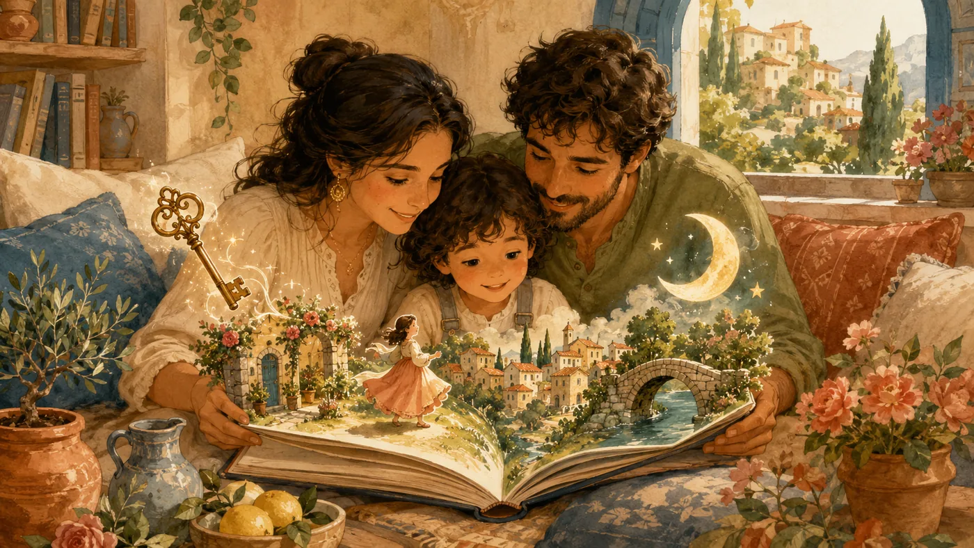 A bilingual family reading an illustrated Italian storybook together