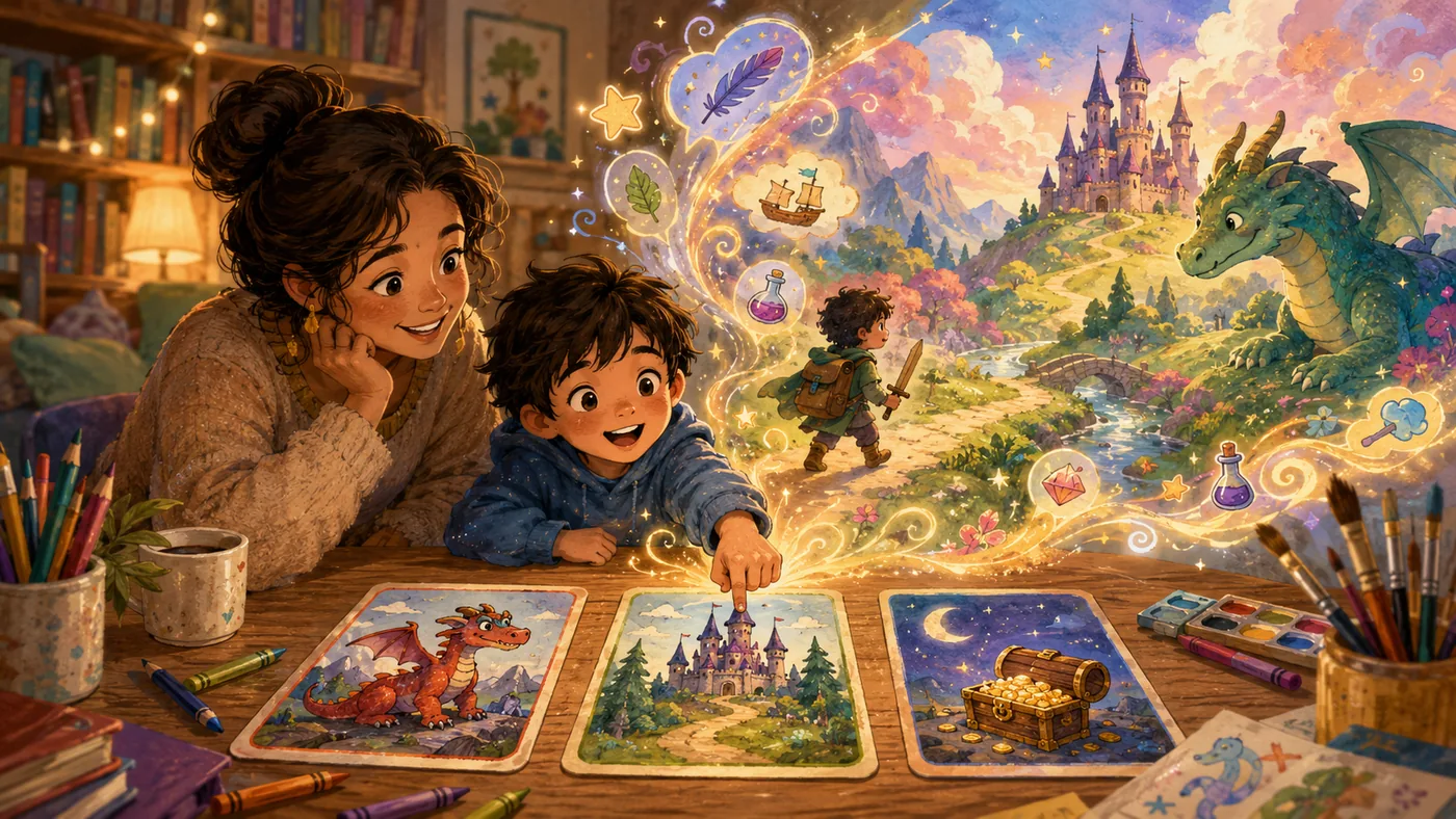 A child choosing magical picture prompt cards for a storybook