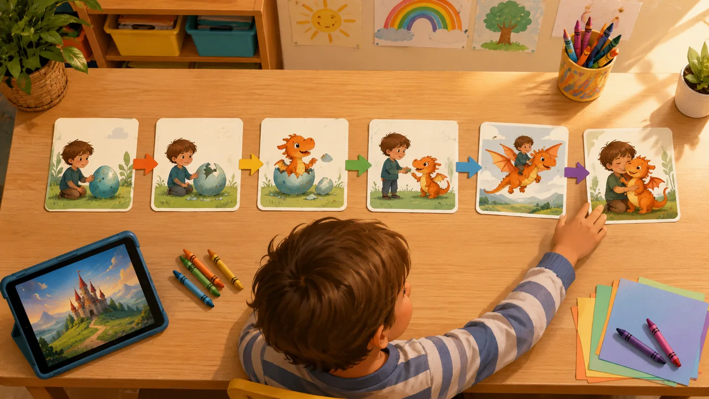 A child arranging illustrated story cards in a clear sequence