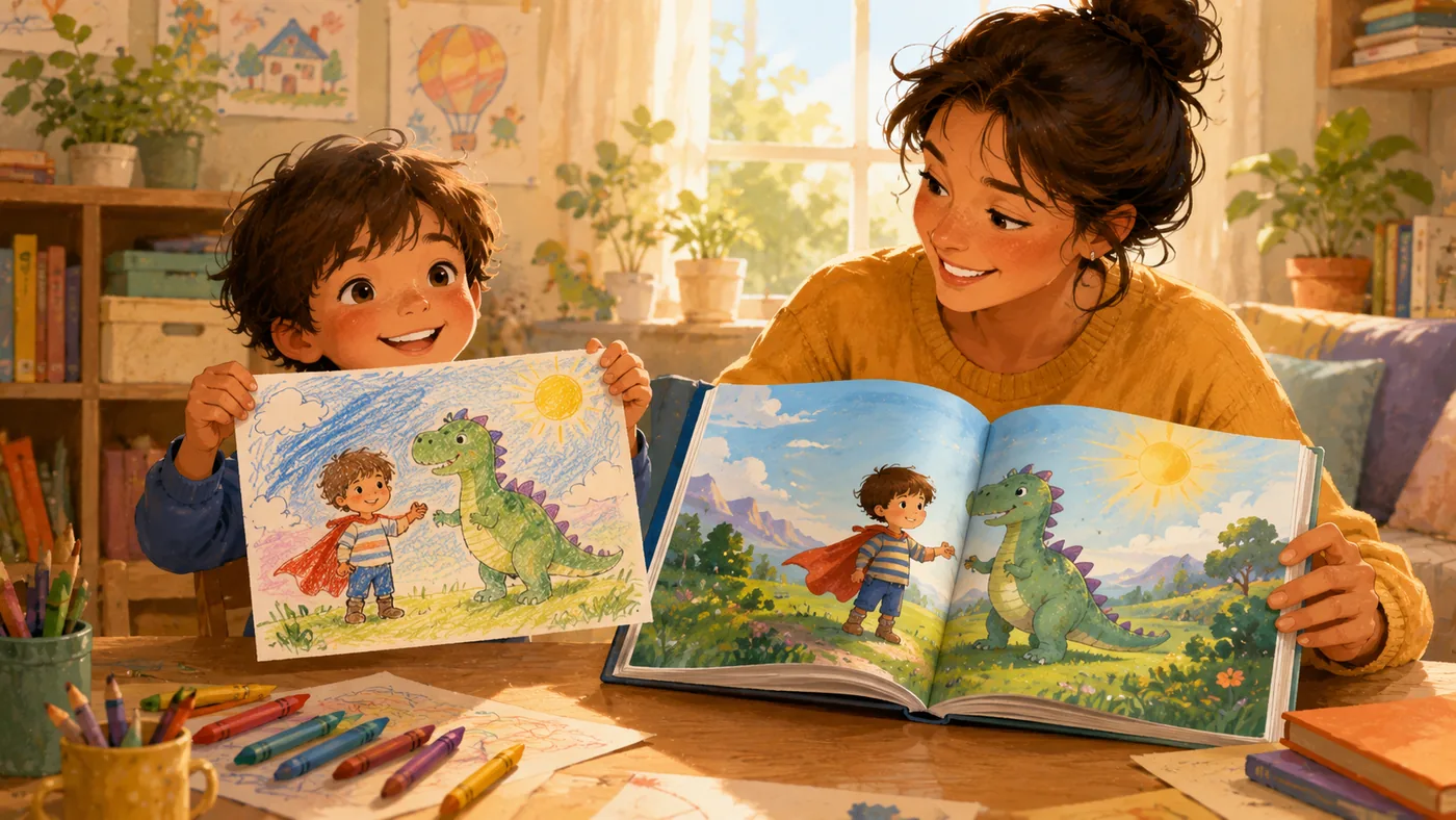 A child showing a drawing beside a matching illustrated storybook