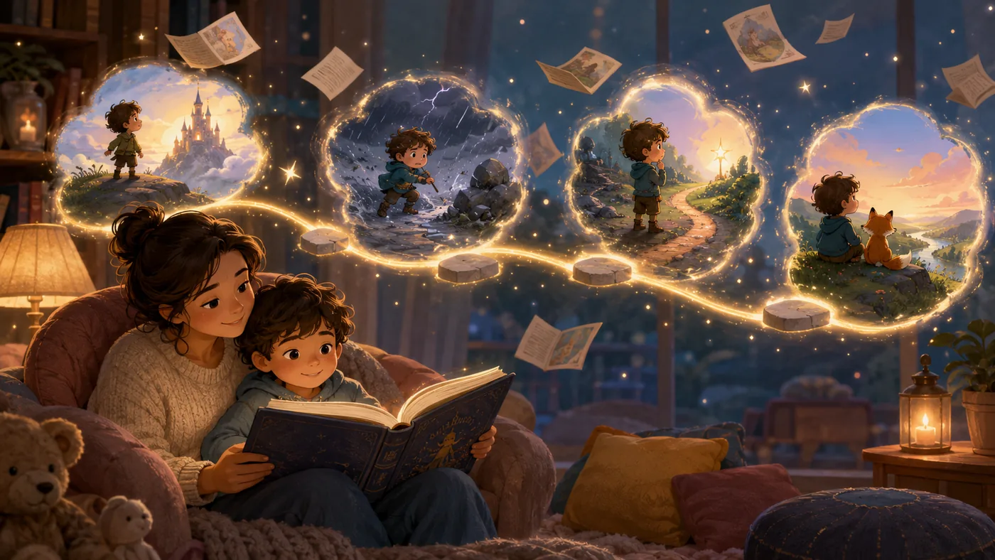A parent and child tracing a glowing story path from goal to resolution
