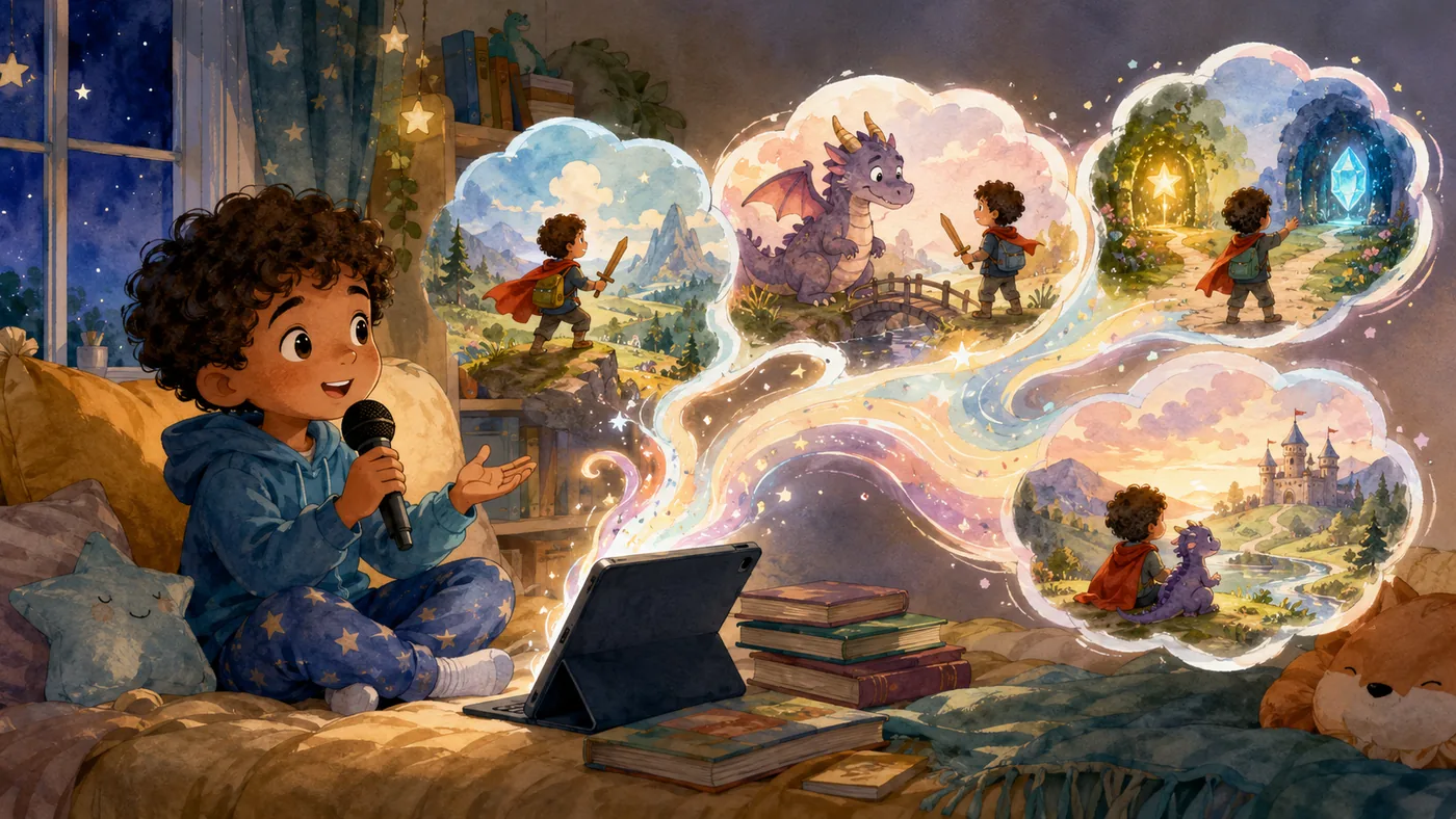 A child speaking a story idea while illustrated scenes appear above a tablet