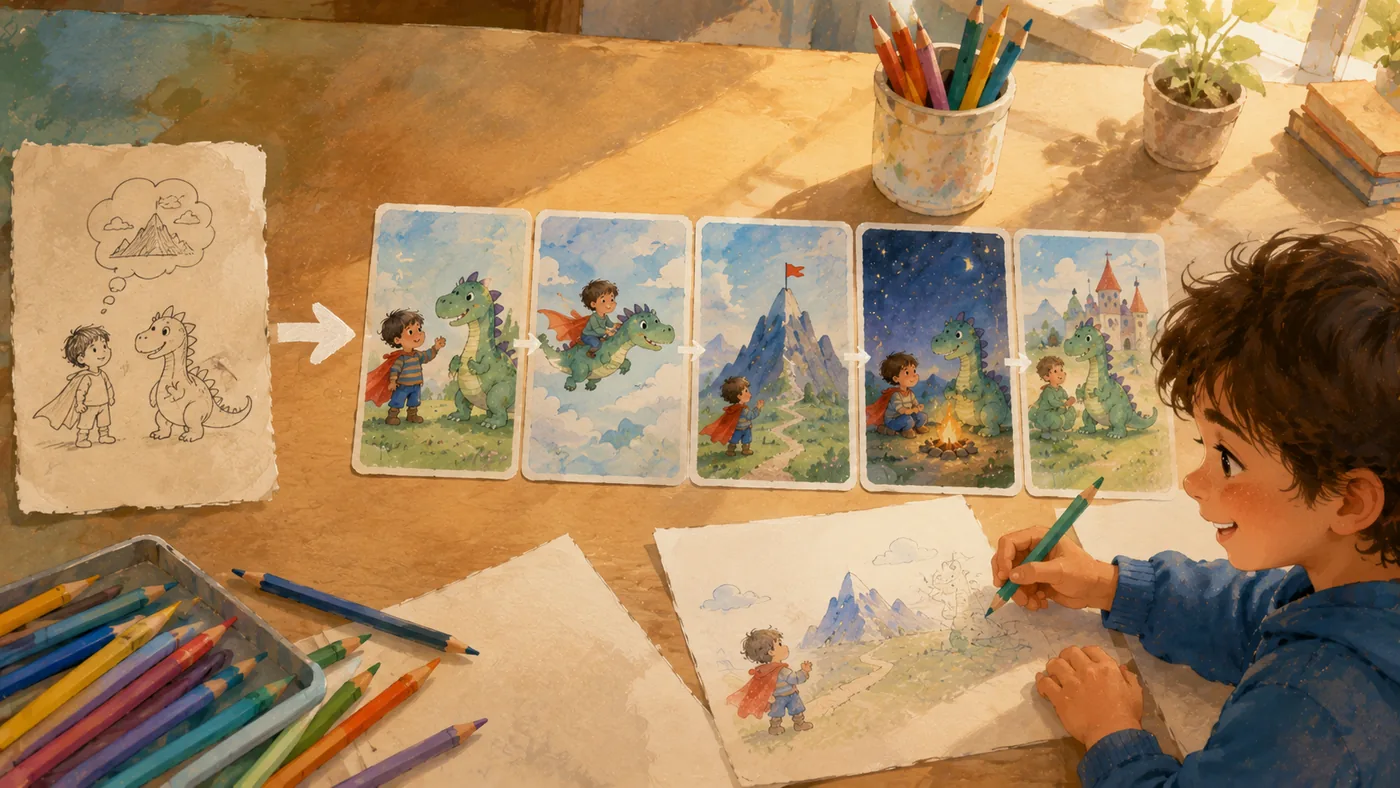 A child's sentence idea becoming illustrated storyboard panels
