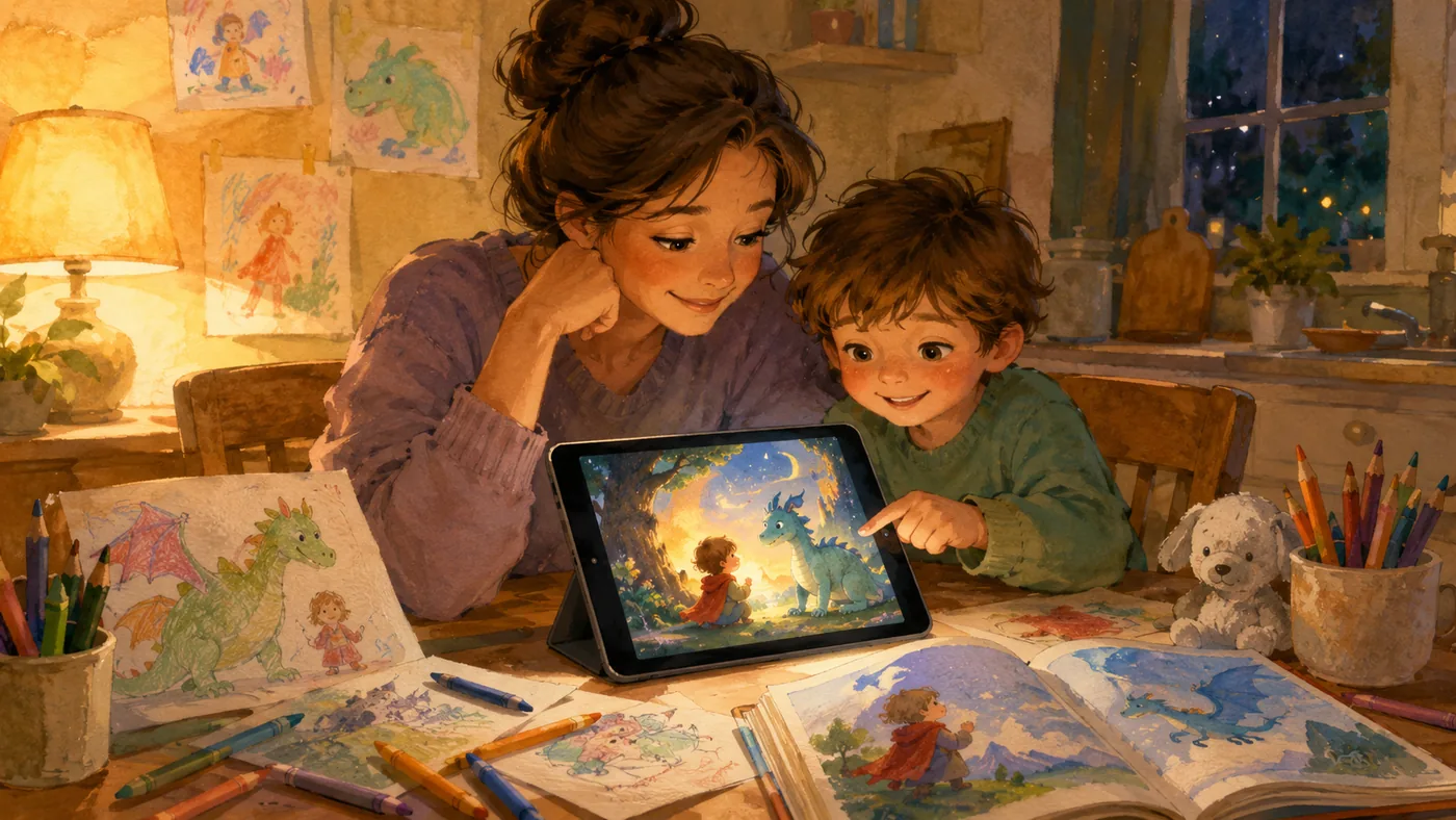 A parent and child turning a crayon idea into a glowing picture book