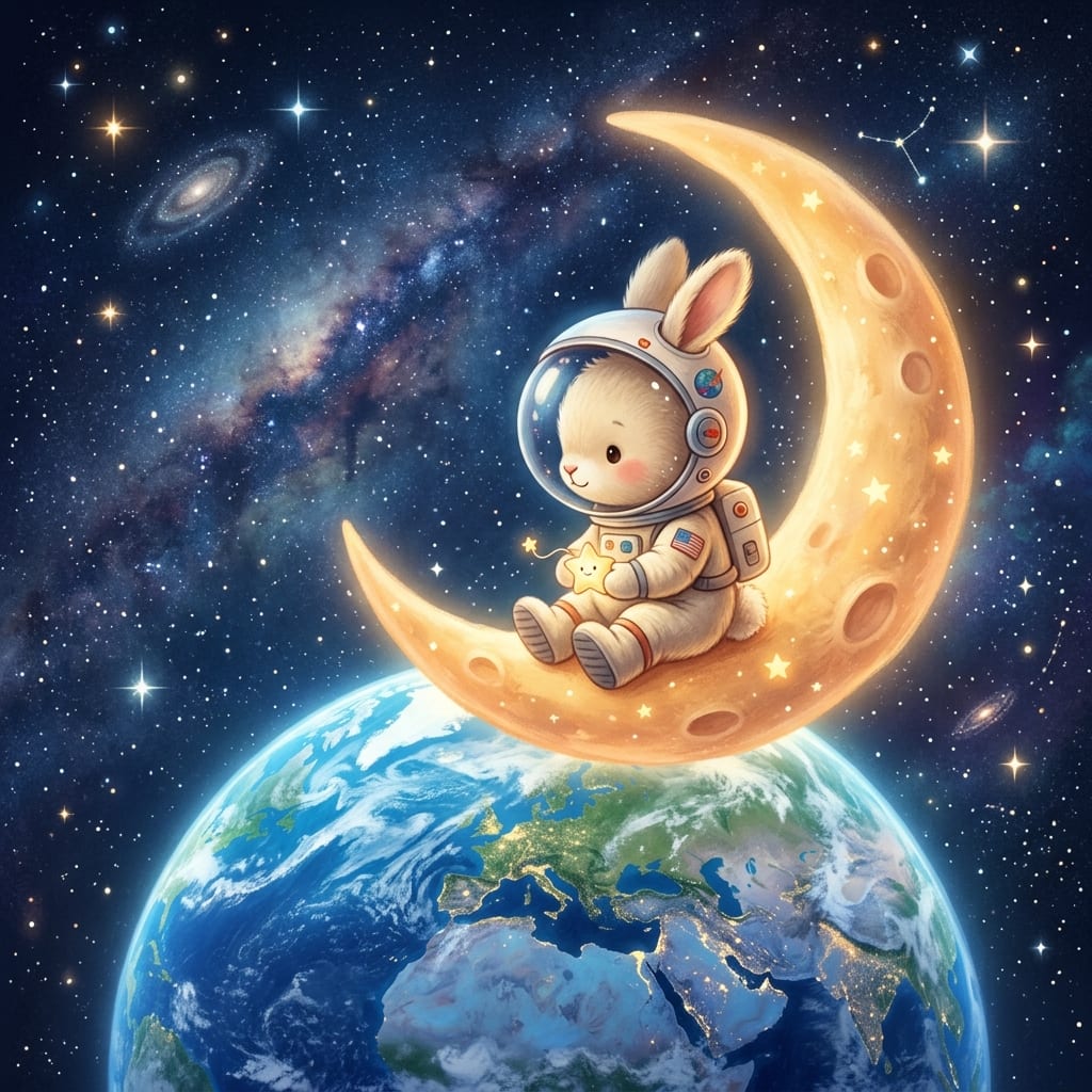 A cute rabbit wearing an astronaut suit sitting on a crescent moon looking down at the earth